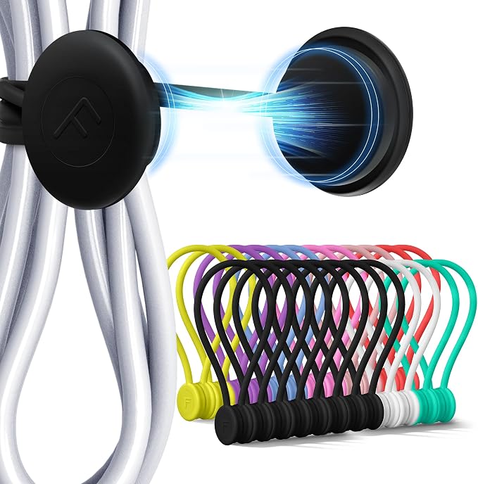 COOLMI Magnetic Cable Ties 24 Pack, 6.88 Inch Reusable Silicone Cord Organizer Wraps, Magnetic Cable Straps for Charging Cords, USB Cables, Earbuds, Travel, Black & Assorted Colors