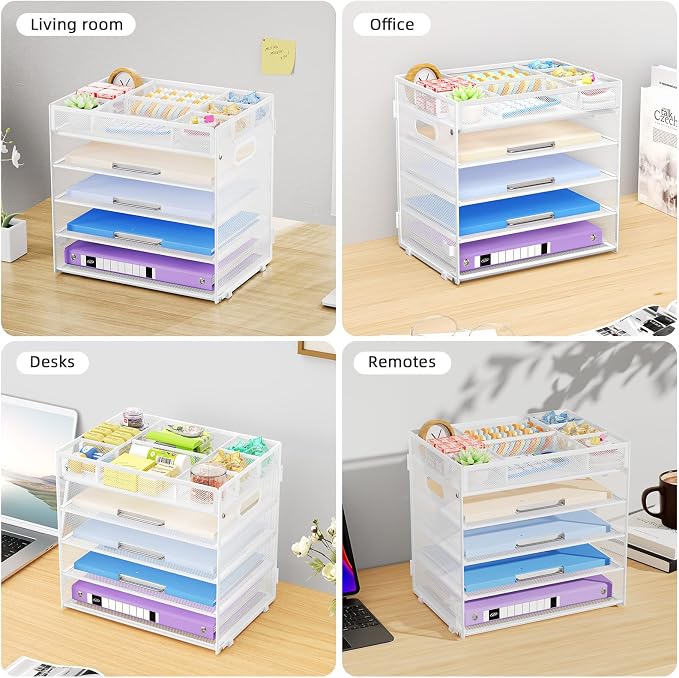 Marbrasse 5 Tier Paper Organizer, Mesh Desk Letter Tray with Handle,White | Paper Sorter Desk Organizer for Letter/A4 Office File Folder Holder Home Office Supplies