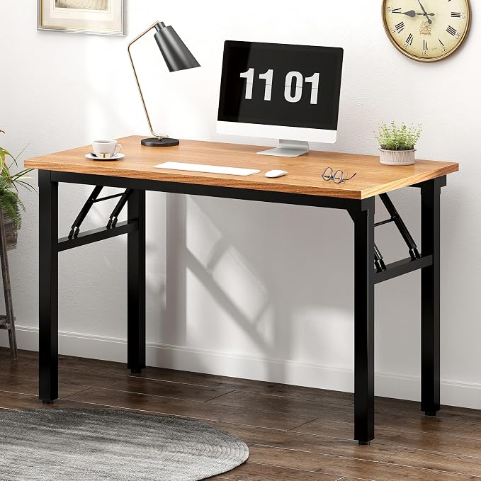 SogesHome Small Foldable Desk for Home Office, 39 Inch Compact Computer Table with Adjustable Leg Pads, No Assembly Needed Folding Writing Conference Desk Gaming Table for Small Spaces, Teak and Black