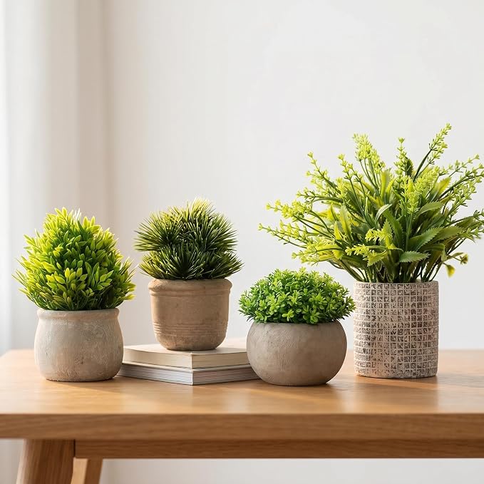 AUUGUU Small Artificial Potted Plants for Desk Decor, Mini Fake Plants for Bathroom, Office Desk Decor, Shelf Home Decor, Realistic Faux Greenery Indoor