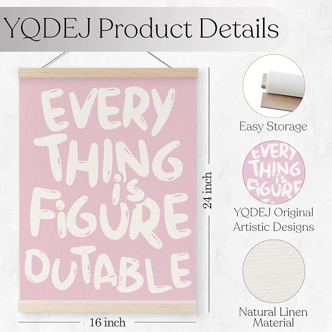 YQDEJ Pink Everything Is Figureoutable Inspirational Wall Art Poster Hanger Frame, Pink Positive Affirmations Wall Decor, Motivational Wall Art for Home Office Classroom, 16x24 Inch