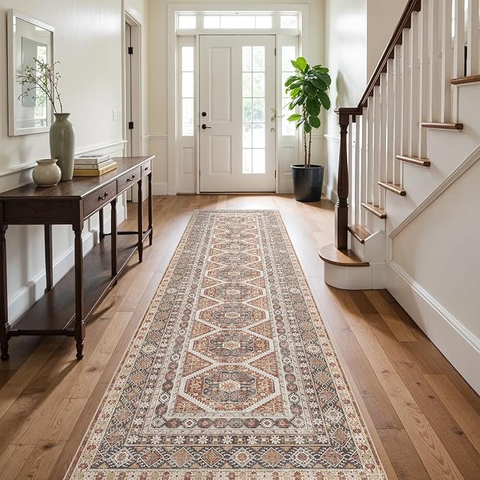 3x12 Runner Rug Kitchen Washable: Oriental Indoor Hallway Runners with Non Slip Backing Floor Mat for Entryway Door Low Pile Thin Carpet for Bedroom Bathroom Living Room Bedside Brick