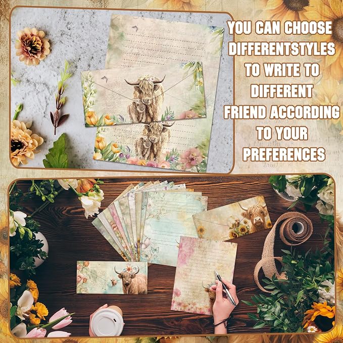 TaoBary 160 Pcs Stationery Paper Set 50 Double Sided Stationery Papers with 50 Matching Envelopes and 60 Round Dot Sticker, 10 Design(Floral Highland Cow,8.5 x 11 Inch)