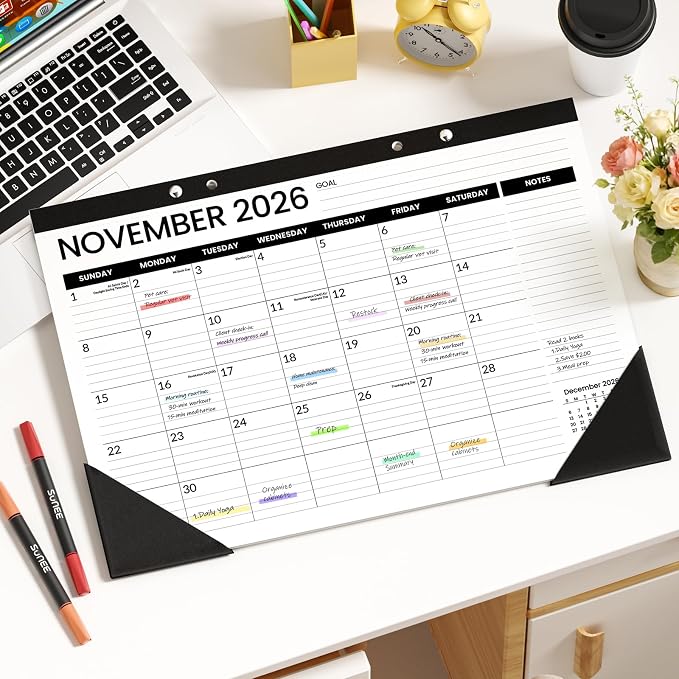 SUNEE Desk Calendar 2026-2027, 17" x 12", 18-Month Monthly Desk Calendar from Jul. 2026 - Dec. 2027, Academic Desk Calendar with Notes Section for Teacher, School, Black With Note