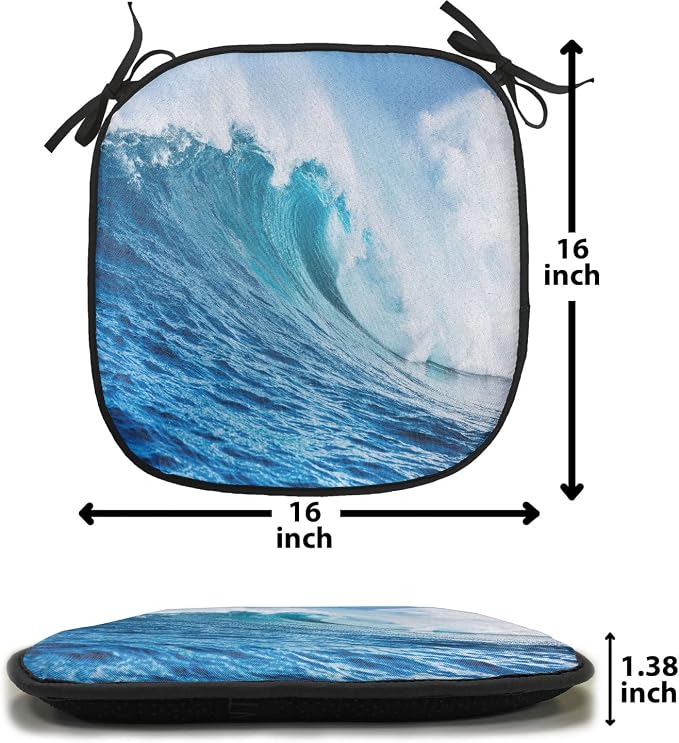 Lunarable Ocean Chair Cushion Pads Set of 2, Sea Storm with a Swirling Wave Surfing Themed Sky and Water Picture Print, Anti-Slip Seat Padding for Kitchen & Patio, 16"x16", White Blue and Aqua
