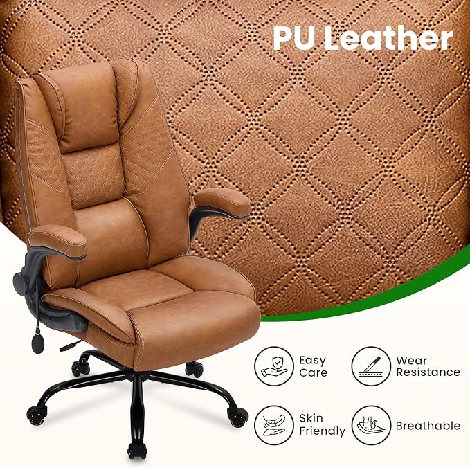 CIOMAN 500lbs Big and Tall Office Chair with Inflatable Lumbar Support, Rubber Wheels Executive Chair with Rocking Function, High Back Wide Cushion Ergonomic Desk Chair for All-Day Sitting,Brown