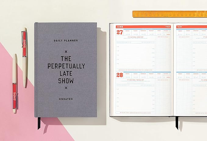 Brass Monkey Perpetually Late Undated Planner, 6” x 9” – Daily Planner with 366 Days (336 Pages) – Random Holidays and Fun Added In – Mini Planner with Bookmark Included