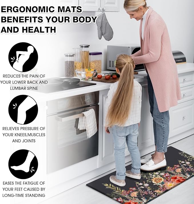 MAYHMYO Anti Fatigue Kitchen Mat Non Slip Waterproof Cushioned Floral Kitchen Rug for Standing Desk Sink Laundry