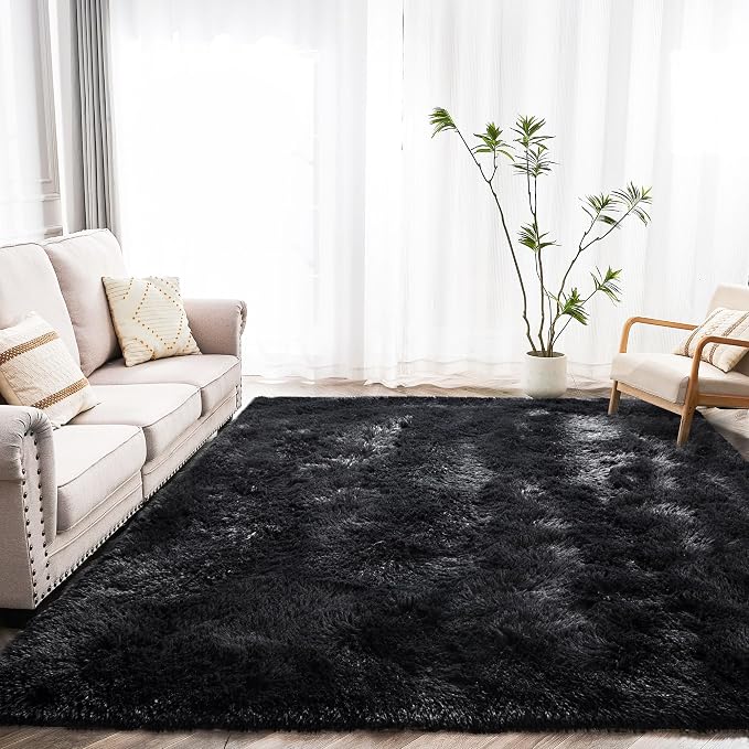 Awaytail Fluffy Rug Flame Resistant 5x7 Feet, Black Throw Rugs for Living Room, Ultra Soft Shag Fuzzy Plush Carpets Indoor