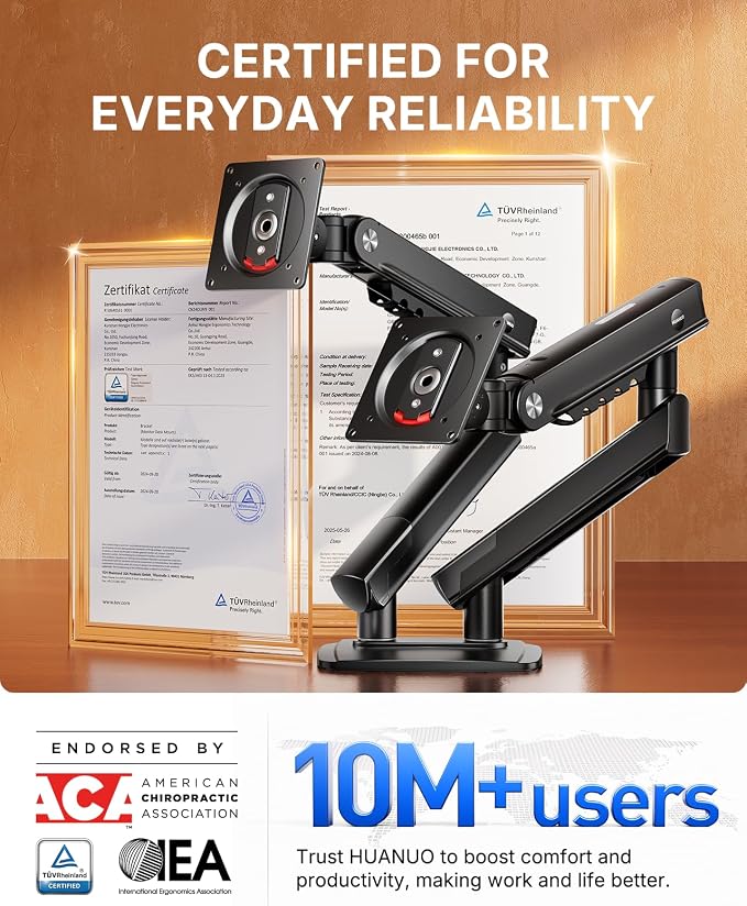 HUANUO FlowLift Pro Dual Monitor Mount for 13–32" Screens, MechaSpring Monitor Stand, Adjustable Monitor Arms for 2 Monitors with Tilt/Swivel/Rotation, Tool-Free VESA Mount, Max Load 19.8 lbs