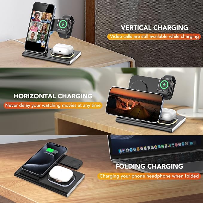 3 in 1 Charging Station for iPhone 17 - Wireless Charger for Apple Devices for iPhone 17 16 15 14 13 12 11 Pro Max - Foldable Wireless Charging Station Dock Stand for Apple Watch Series & AirPods