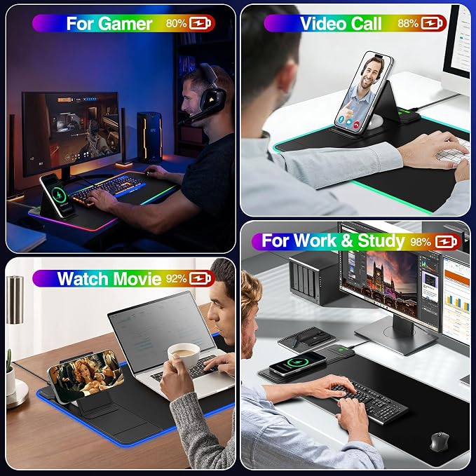 RGB Gaming Mouse Pad with Magnetic Wireless Charging & Foldable Phone Stand | 31.5"x11.8" XL Extended Mousepad with Stitched Edges, Ultra-Smooth Waterproof Surface, 25 Lighting Effects, Non-Slip Base