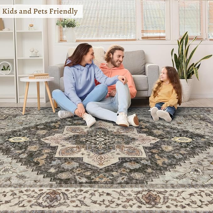 Tangsoo Farmhouse 5x7 Area Rug Washable Rug for Living Room, Vintage Indoor Non Slip Large Area Rugs, Print Distressed Grey Carpet, Soft Low Pile Foldable Floor Rug for Office Bedroom Dining Room Dorm