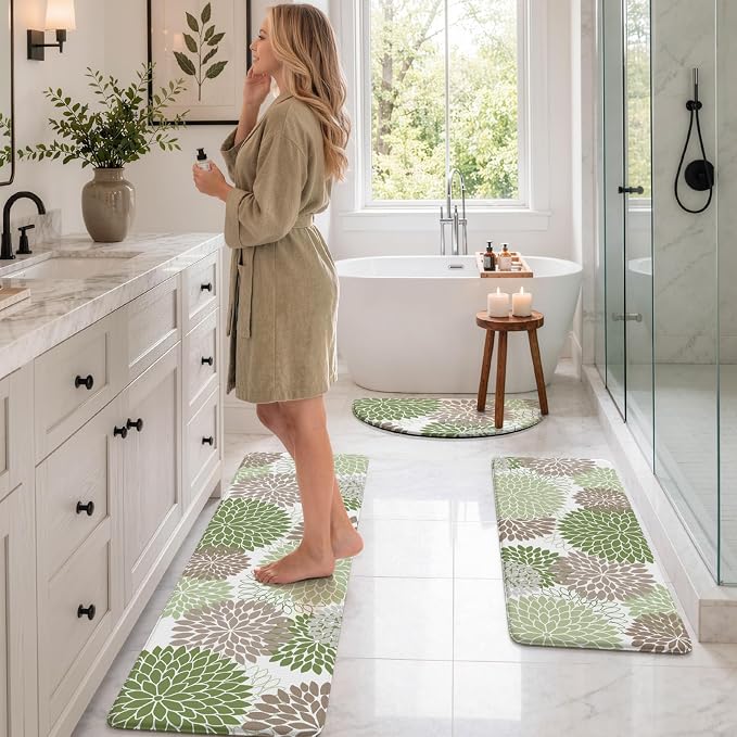 KIMODE Half Circle Anti Fatigue Mats for Kitchen Floor Rug Sets of 3 | 18"x28+18"x47"+18"x59",Sage Green,Dahlia Floral Boho,3PCS,Non Slip,Waterproof,for Sink Office Laundry Bathroom Decor