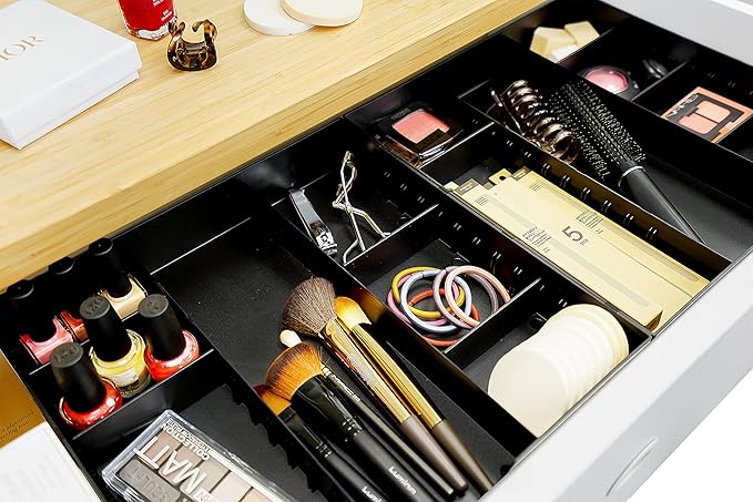 CAXXA 3 Slot Drawer Organizer with 4 Adjustable Dividers - 7 Compartments Junk Drawer Storage for Makeup & Vanity, Office Desk Supplies and Accessories, BLACK (2 pack)