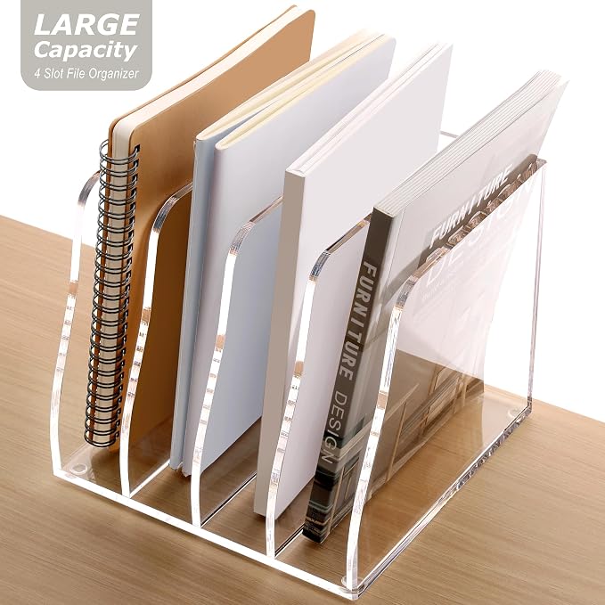 SANRUI Acrylic Desk Magazine Holder File Organizer Sorter,4 Slot Clear | B5 Size, Vertical Workspace Document Sorters, Folder Rack for Office Accessories Organization Storage