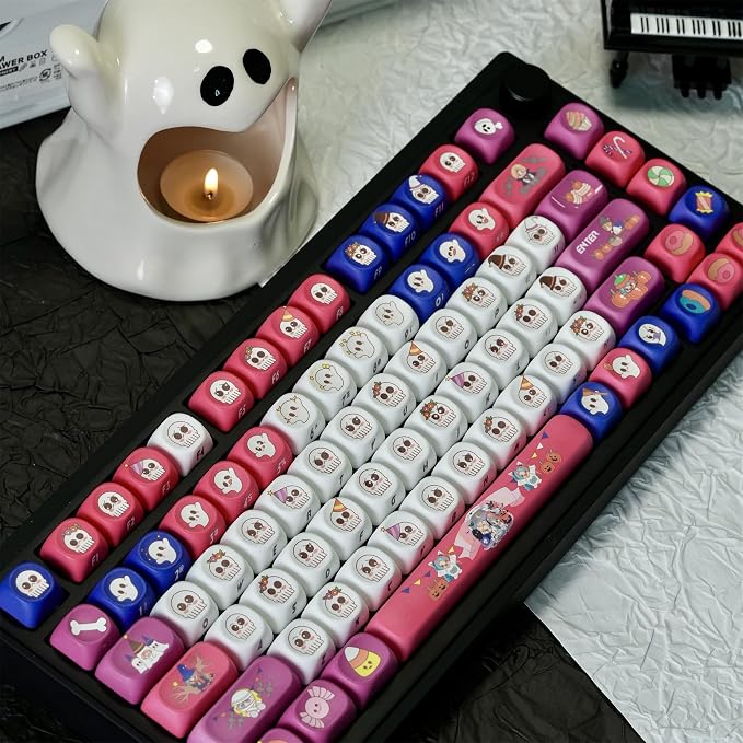 Cute Ghost Keycaps,MOA Profile Side Printed Custom Keycaps Halloween-Themed Key Caps PBT Dye-Sublimation 133 Keys Full Size Keycap Set for Cherry MX Switches Mechanical Gaming Keyboard