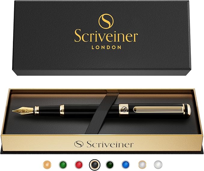 Scriveiner Luxury Fountain Pen - Stunning Black Lacquer Pen, Real Gold Finish, Schmidt Gilded Nib (Broad), Converter, Best Pen Gift Set for Men & Women, Professional, Executive, Office, Nice Pens