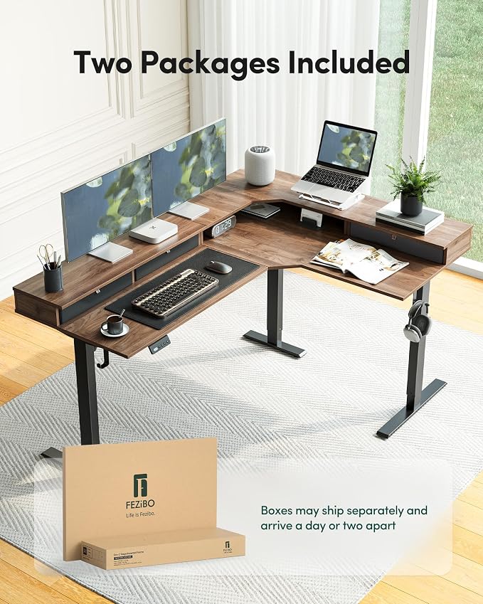 FEZIBO L Shaped Electric Standing Desk, 63x48 inch Large with Drawers | Reversible Tabletop, 2 Memory Height Settings | Home Office & Gaming Height-Adjustable Table, Black Walnut(2 Packages)