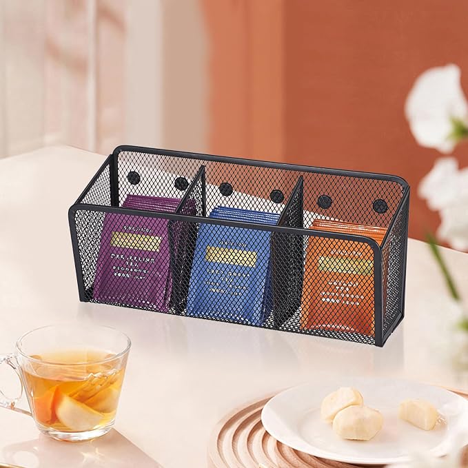 ELLDOO Magnetic Water Drink Packet Holder, 3 Compartments Magnetic Metal Mesh Tea Bag Organizer Sugar Packet Basket, Kitchen Organizers and Storage, Magnetic Pencil Holder