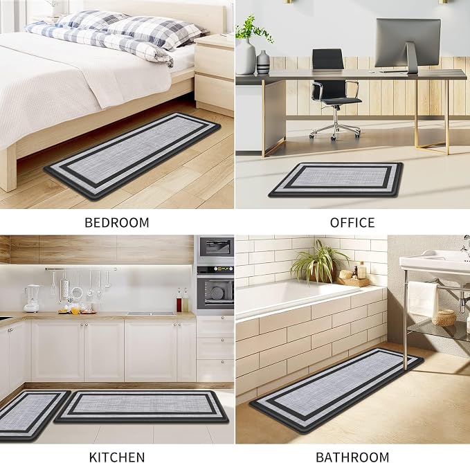 Mattitude Kitchen Mats Set of 2,Cushioned Anti-Fatigue Non-Skid Rug Sets Ergonomic Comfort Standing Mat for Kitchen, Floor, Office, Sink, Laundry, Black and Gray