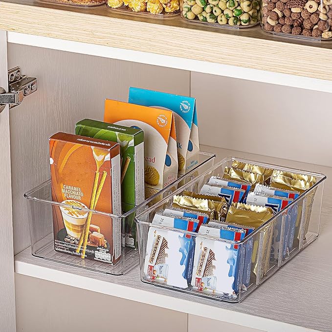 Vtopmart 4 Pack Food Storage Organizer Bins, Clear Plastic, 4 Compartments | For Pantry, Kitchen, Fridge and Cabinet Organization, Organize Food Packets, Snacks, Pouches and Spice Packets