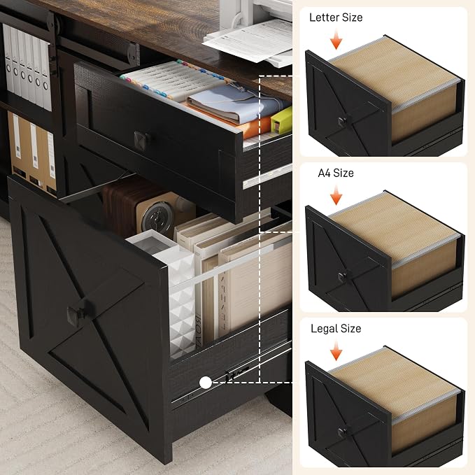 St.Mandyu L Shaped Electric Standing Desk 63" Black with Power & Storage | File drawer, sliding door cabinet, cup holder, height adjustable, sturdy wood frame, home office for work/study/writing