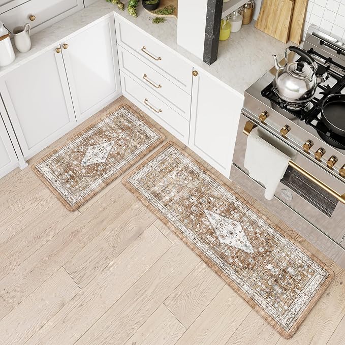 Collive Boho Kitchen Mats for Floor 2 Piece, Cushioned Anti Fatigue Mat Comfort Soft Standing Desk Carpet, Non Skid Wforaterproof Sink Rug for Home Office, Decor, 17.3"x29"+17.3"x47"