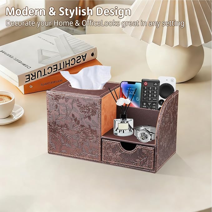 Nightstand Organizer with Tissue Holder,PU Leather Square Tissue Box Cover | Modern Facial Paper Organizer Storage Box for TV Remote Control,Bathroom,Vanity Countertop,End Table,Home and Office Decor