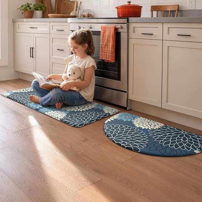 KIMODE Half Circle Anti Fatigue Mats for Kitchen Floor Rug Sets of 2 | 18"x28+18"x47",Blue,Dahlia Floral Boho,Kitchen Rug Sets of 2,Non Slip,Waterproof,for Sink Office Laundry Bathroom Decor