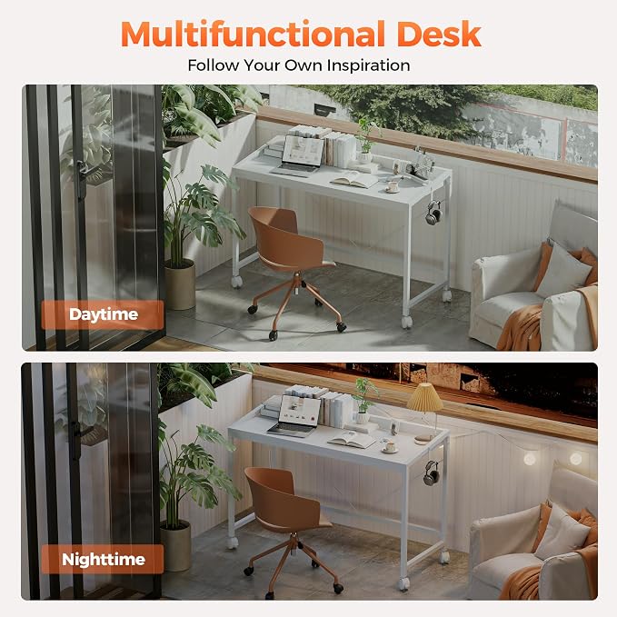 Mericonia 40 inch Rolling Computer Desk with Wheels, Gaming Desk for Small Spaces, Modern Simple Style Table for Home Office, Study Writing Table
