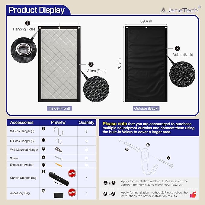 Soundproof Curtain 70" x 40" – Heavy Duty Sound Blocking & Sound Dampening Curtain with Grommets & Hooks, Multi-Layer Acoustic Curtain for Noise Reduction & Light Blocking, Black, Single Panel
