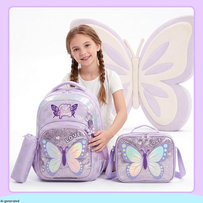 School Backpack for Girls,Kids Backpack with Lunch Box Set Cute Butterfly Kids Bookbag,Elementary Backpack for Girls,Lightweight Travel Daypack