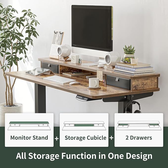 FEZIBO 48 x 24 Inch Height Adjustable Electric Standing Desk with Double Drawer, Stand Up Table with Storage Shelf, Sit Stand Desk, Rustic Brown
