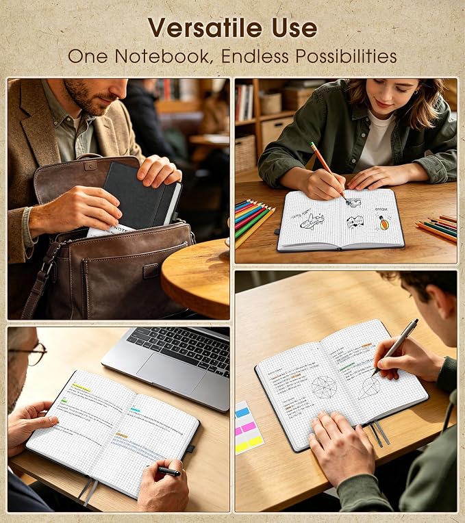 A5 Leather Hardcover Graph Paper Notebook, 160 Pages (5 Squares/Inch), 180° Lay-Flat Binding, 100 GSM Thick Paper, for Math, Engineering, Students & Technical Work (Black)