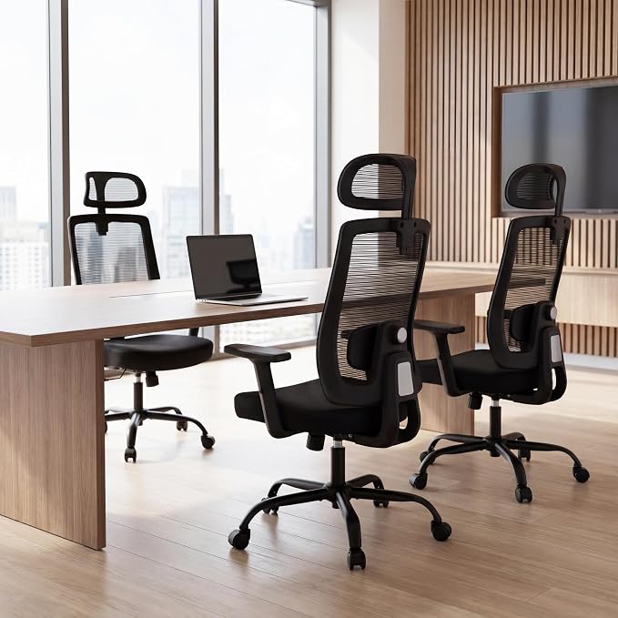 Office Chair with Mesh High Back, Ergonomic Office Desk Chair with Adjustable Lumbar Support, Rolling Work Chairs with Wheels and 3D Headrest, Black