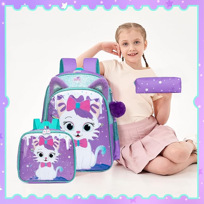 Backpack for School Backpacks for Girls Backpack with Lunch Box Cute Schoolbag for Kids School Supplies for Kids Cute Cat School Bag for Girls
