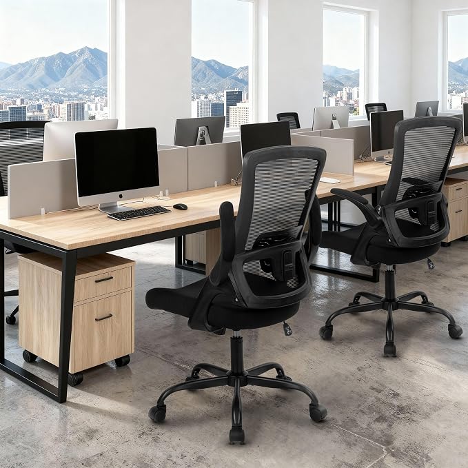 NEO CHAIR Office Chair High Back Desk Mesh Chair Comfy Computer Gaming Seat with Adjustable Ergonomic Lumbar Rolling Flip-up Armrests and Wheels (Black)