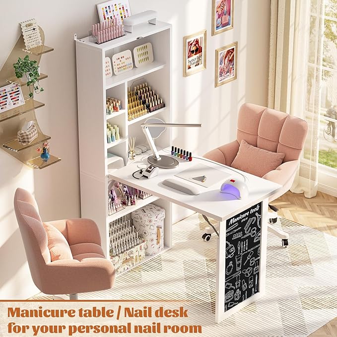 Armocity Small Folding Desk with Outlets, Convertible Writing Desk for Small Spaces/Home Office/Craft Room, Multi-Function Desk Workstation with Blackboard, Fold-Out Cabinet Table, White
