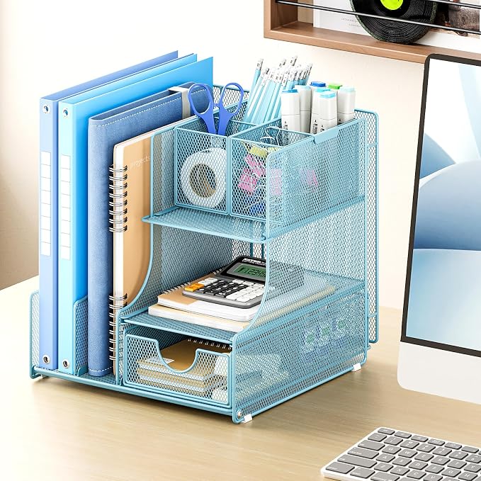 Lavatino Desk Organizer – 4-in-1 Blue Mesh Office Supplies Organizer with Pen Holder, File Holder, Desktop Tray, and Drawer for Home, Office, Classroom