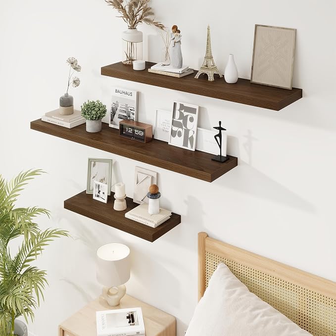 24in Floating Shelves for Wall, 24"W x 9.25"D x 1.25"H, 2 Pack Long Wall Mounted Engineered Wood Shelves with Invisible Brackets for Living Room, Bedroom, Bathroom, Kitchen Decor and Storage, Walnut