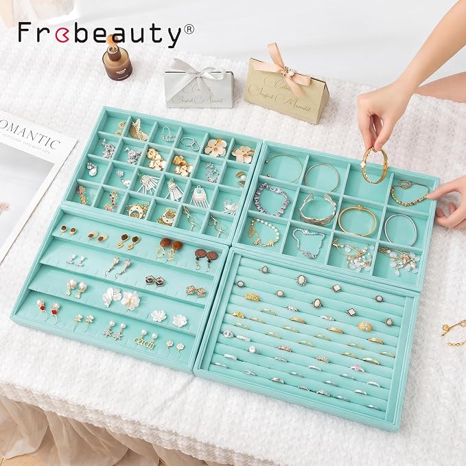 Jewelry Trays for Drawer,Set of 4 Jewelry Organizer and Storage | Velvet Material,Stackable,Adjustable Dividers,Drawer Inserts for Rings Studs Bracelet,Earring Organizer for Women Girls