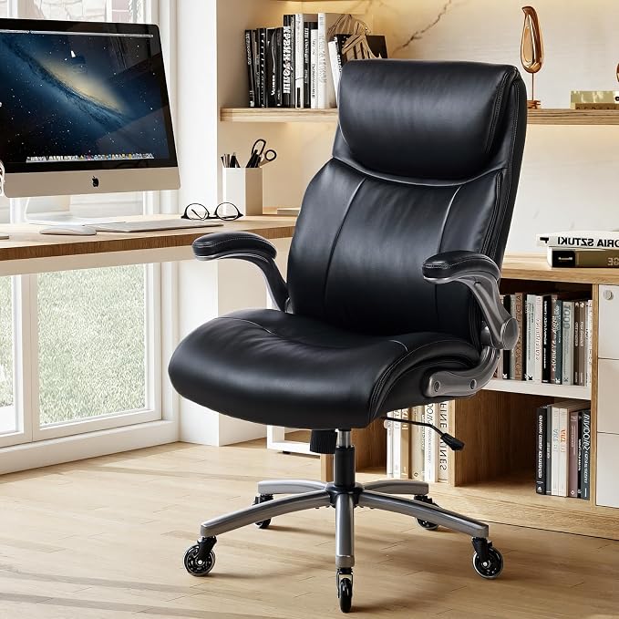 MALOL Ergonomic High-Back PU Leather Executive Office Chairs, Heavy Duty Home Computer Chair with Lumbar Support and Flip-Up Arms, 300lbs, Black