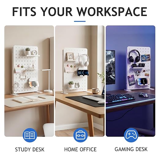 White Metal Desk Pegboard, 1 Pack Standing Organizer with Hooks | Freestanding 8.67 x 14.17 in panel with stands, hooks, shelves, phone holder and magnetic patches for desk storage