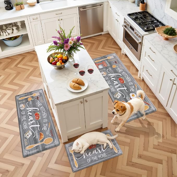 Yamaziot Anti Fatigue Kitchen Rug Set of 3, Non-Slip Cushioned Floor Mats | Waterproof, Stain Resistant, Farmhouse Cushioned Comfort Standing Desk Mat with Runner for Kitchen, Office, Sink, Laundry