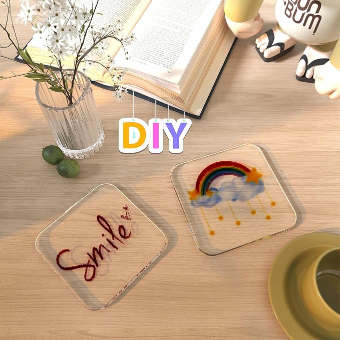 2Pack 4 Inch Square Cute Clear Acrylic Drink Coasters for Desk | Minimal Modern Desk Decor, Office Bar Kitchen Outdoor, Heat Resistant Coasters for DIY Creative Gift