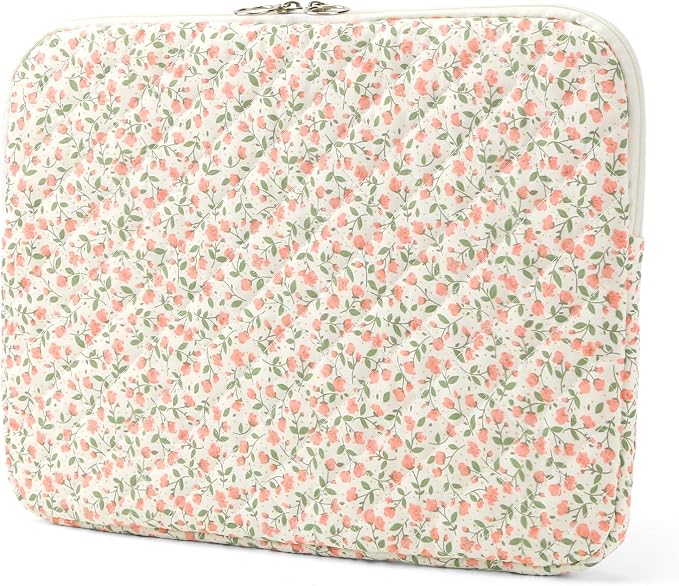 Puffy Laptop Sleeve 13-15.6 Inch Cute Quilted Laptop Protective Case Padded Floral Computer Sleeve for MacBook (B-Pink, 13 Inch)