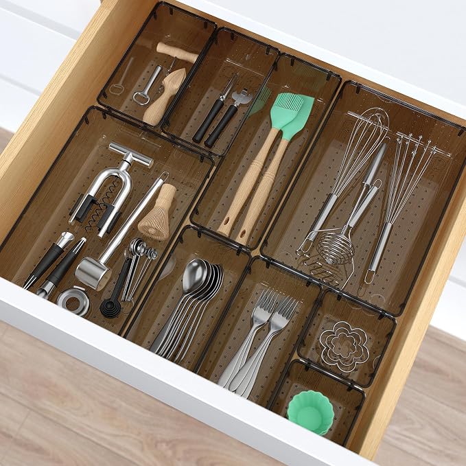 StorMiracle 23 PCS Clear Plastic Drawer Organizers Set, 4 Size Desk Drawer Organizer Trays for Makeup, Jewelry, Kitchen Utensils, Gadgets and Office Accessories, Black
