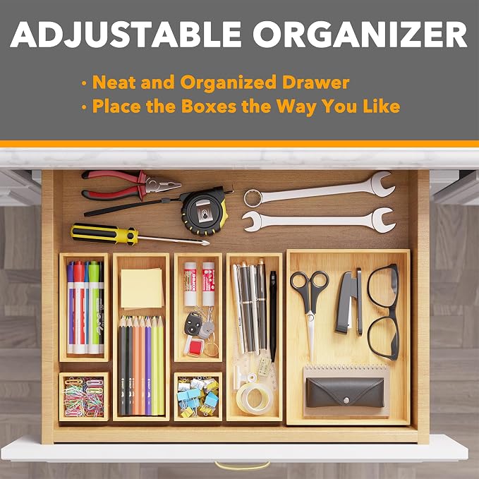 SpaceAid 7-Piece Bamboo Drawer Organizer Storage Boxes Set, Wood Tray Junk Drawer Organizers Multi-Use Divider Bins for Kitchen, Bathroom, Office Desk and Makeup Organization (7 Pack, Natural)
