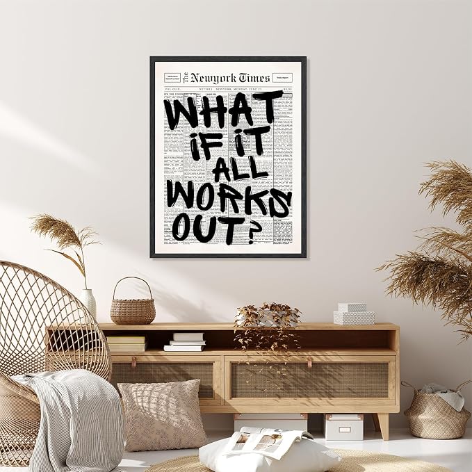 Vintage Black And White Newspaper Wall Art What If It All Works Out Canvas Poster Positive Affirming Quote Minimalist Prints Painting for Home Bedroom Living Room Wall Decor 12x16inch Black frame
